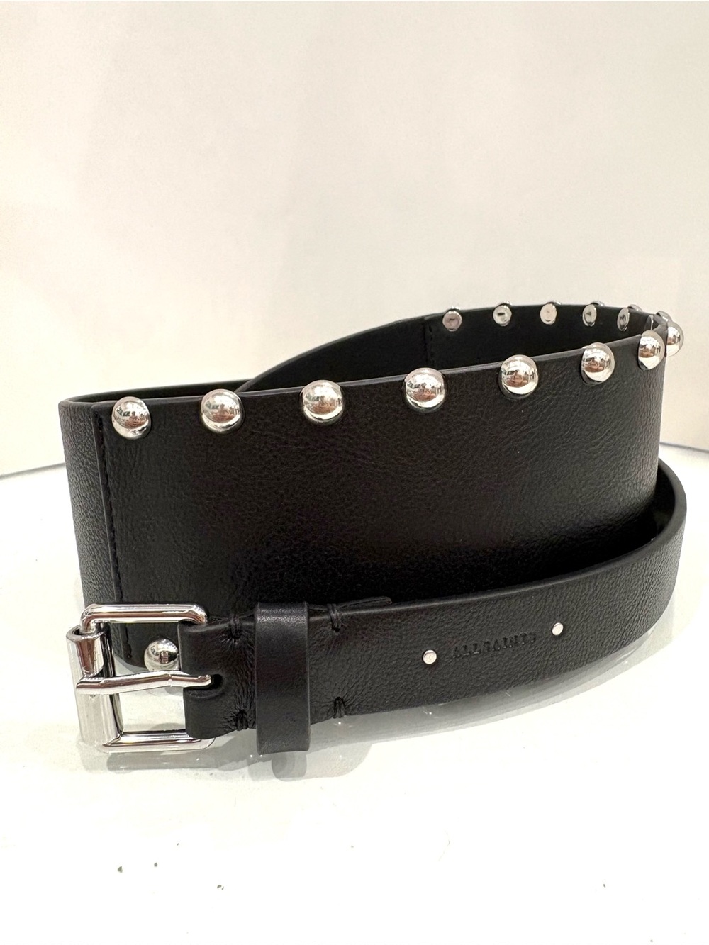 $168 AllSaints Alcor Wide Studded Leather Corset Waist Belt Black Silver S/M - Picture 3 of 7